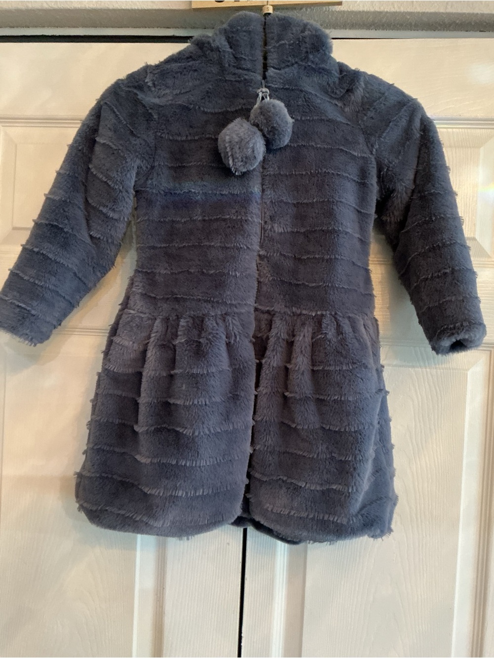 Girls' Plush Hooded Coat with Pom-Pom Tie - Gray